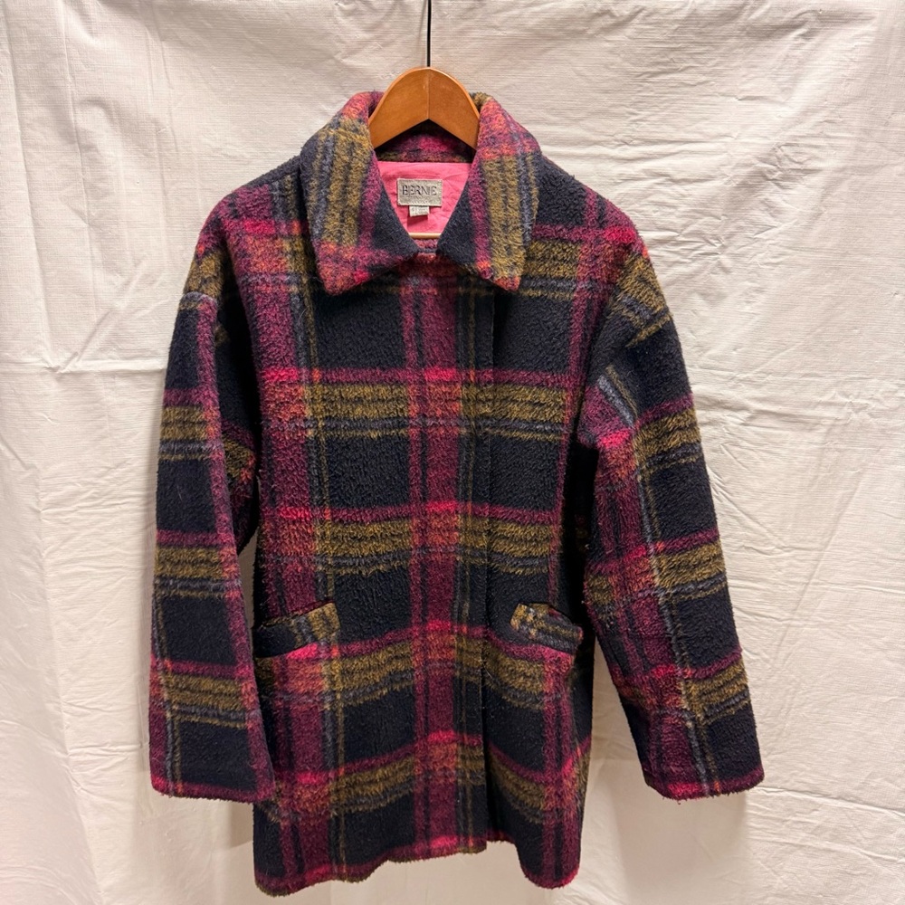 Bernardo Plaid Notch Lapel Coat Navy Pink Camel Size Small